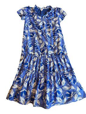 J. Marie Blue Tropical Leaf Print Midi Dress Tiered Flowy Relaxed Fit Size XS